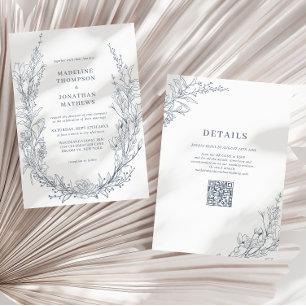 Elegant Azure Ivory Blommigt WAN QR-kod Bröllop Inbjudningar