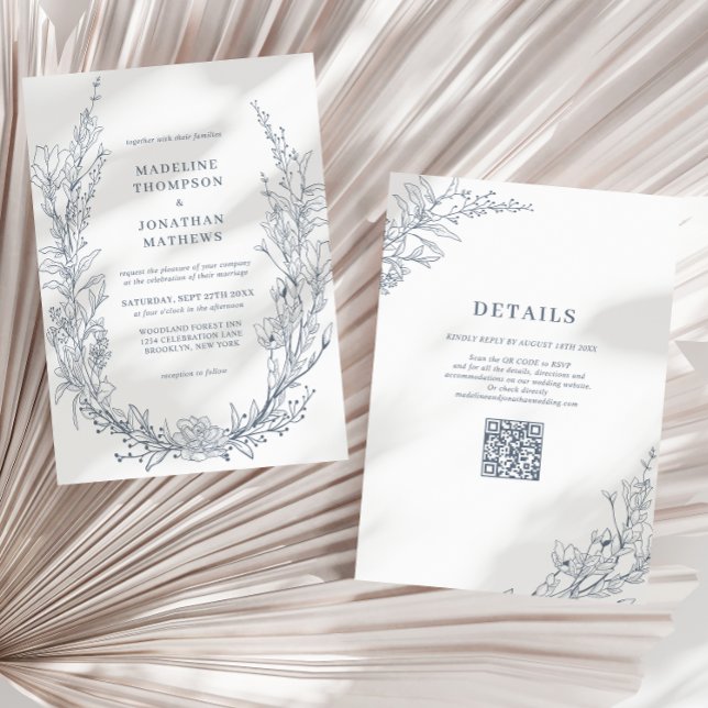 Elegant Azure Ivory Blommigt WAN QR-kod Bröllop Inbjudningar (Skapare uppladdad)
