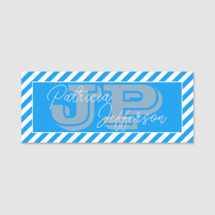 Elegant Azure Light Blue & White Stripe: Monogram Namnbricka