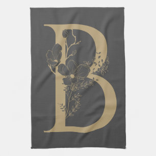 Elegant B Boho Blommigt Monogram Initial Grått Gul Kökshandduk