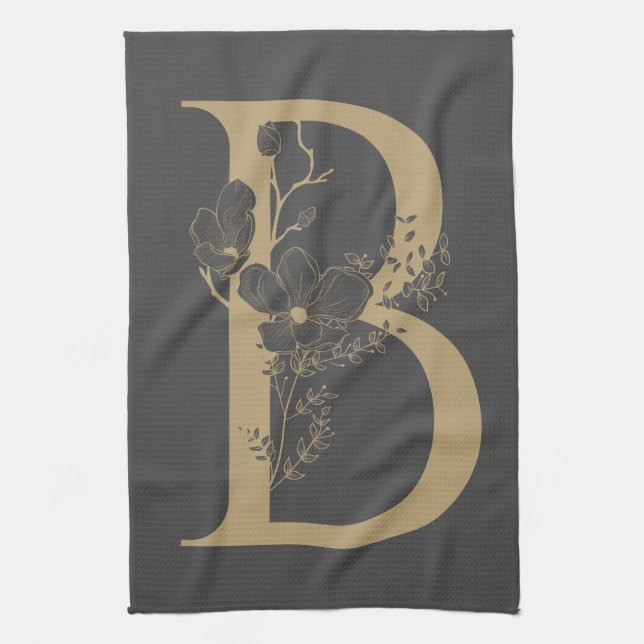 Elegant B Boho Blommigt Monogram Initial Grått Gul Kökshandduk (Vertikal)