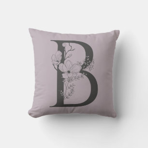 Elegant B Boho Blommigt Monogram Initial Lilac Grå Kudde