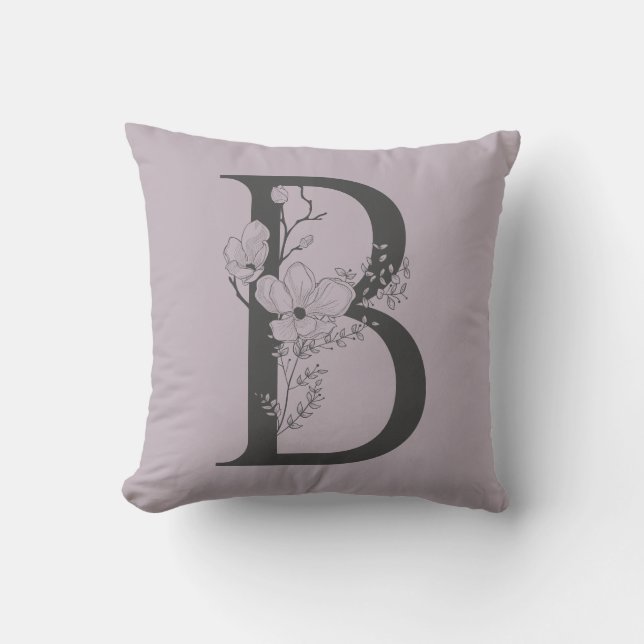 Elegant B Boho Blommigt Monogram Initial Lilac Grå Kudde (Framsida)
