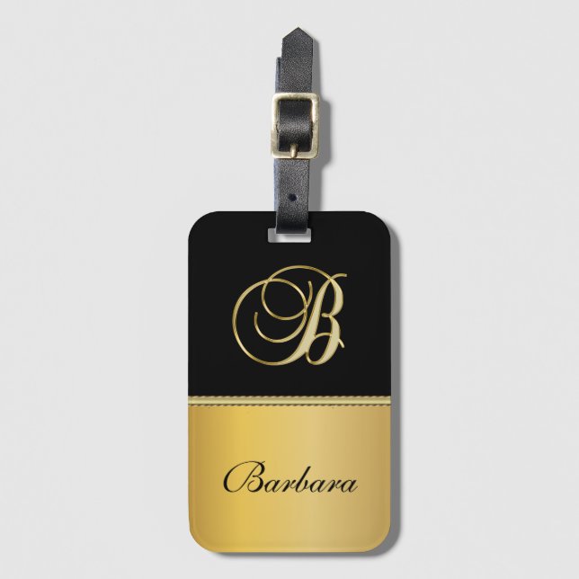 Elegant ’B’ Monogram Personlig Namn Black Guld Bagagebricka (Framsida vertikal)