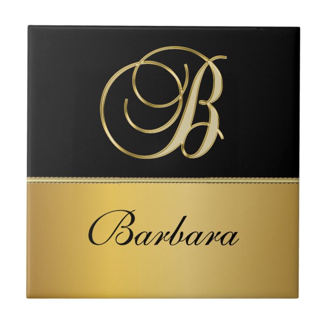 Elegant ’B’ Monogram Personlig Namn Black Guld Kakelplatta (Framsidan)