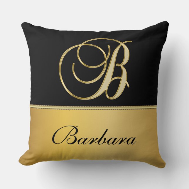 Elegant ’B’ Monogram Personlig Namn Black Guld Kudde (Framsida)