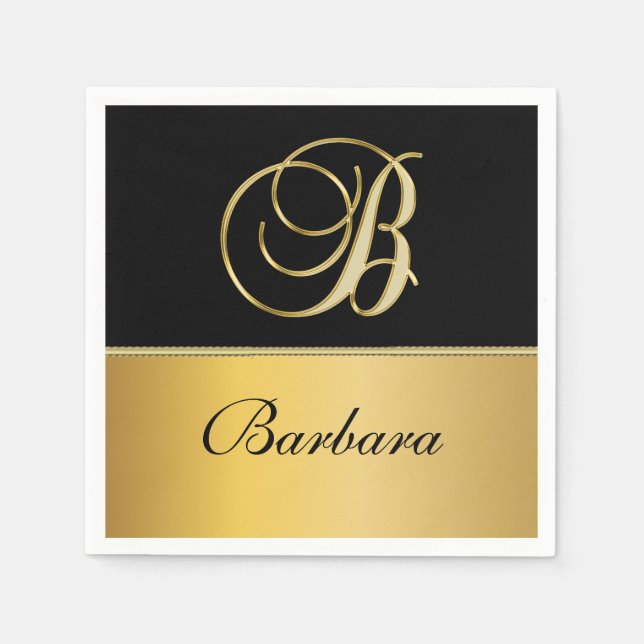 Elegant ’B’ Monogram Personlig Namn Black Guld Pappersservett (Framsidan)