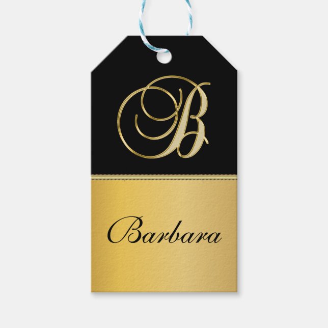 Elegant ’B’ Monogram Personlig Namn Black Guld Presentetikett (Framsidan)