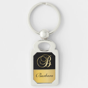Elegant ’B’ Monogram Personlig Namn Black Guld Rektangulärt Silverfärgad Nyckelring