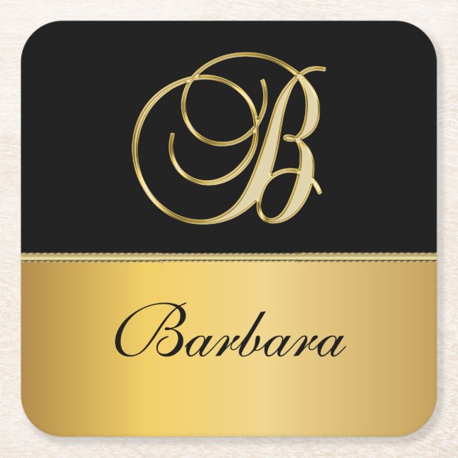 Elegant ’B’ Monogram Personlig Namn Black Guld Underlägg Papper Kvadrat (Framsidan)