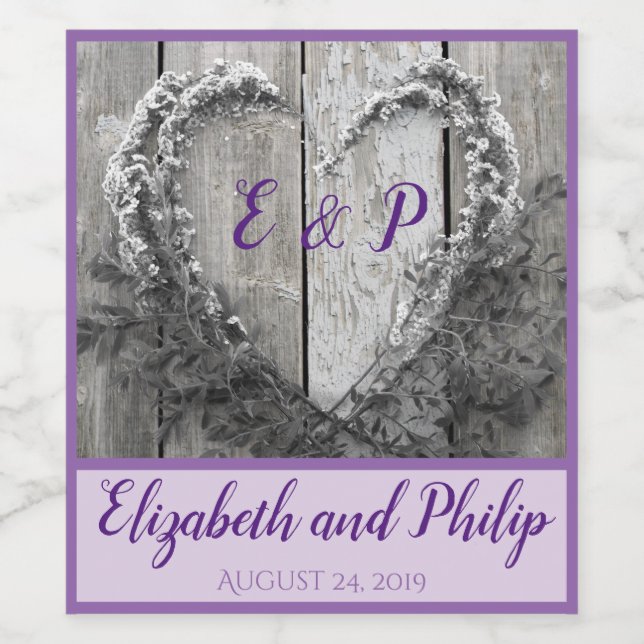 Elegant B&W-blommans hjärtrytm, lingträ bröllop Vinflaska Etikett (Singel etikett)