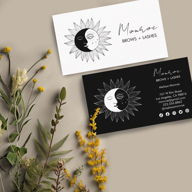 Elegant B&W Social-ikoner för sol & Måne Boho Line Visitkort (hand-drawn sun and moon image decorates these custom business cards. Change the text and colors)
