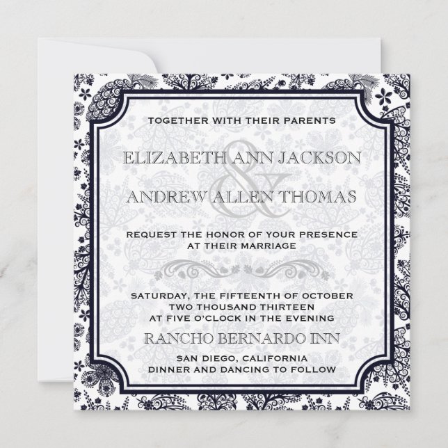 Elegant B & W spetsiga blad bröllopsinbjudan Inbjudningar (Framsida)