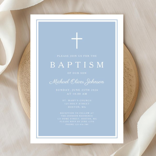 Elegant Baby Blå Kors Pojke Dop Inbjudningar (Elegant Baby Blue Cross Boy Baptism Invitation)