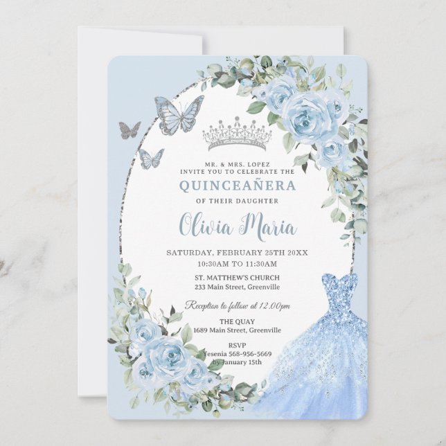 Elegant Baby blue Blommigt Dress Silver Quinceañer Inbjudningar (Framsida)