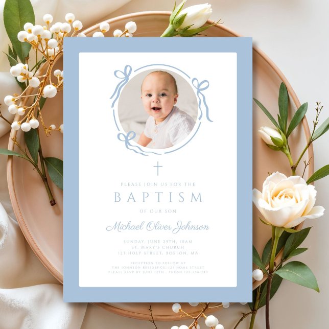 Elegant Baby Blue Bow Boy Photo Baptism Inbjudningar (Elegant Baby Blue Bow Boy Photo Baptism Invitation)