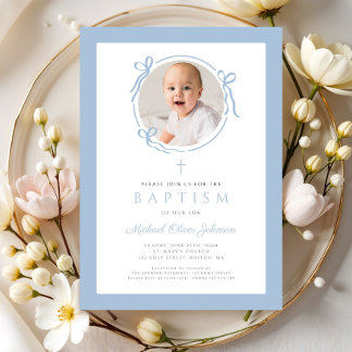 Elegant Baby Blue Bow Photo Baptism Inbjudningar