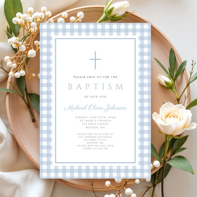 Elegant Baby Blue Gingham Boy Baptism Inbjudningar (Elegant Baby Blue Gingham Boy Baptism Invitation)