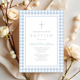 Elegant Baby Blue Gingham Boy Baptism Inbjudningar