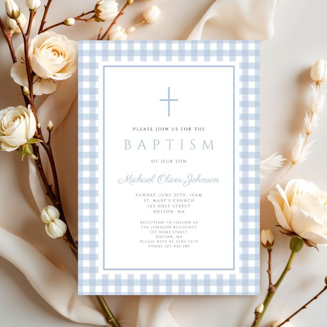 Elegant Baby Blue Gingham Boy Baptism Inbjudningar (Elegant Baby Blue Gingham Boy Baptism Invitation)