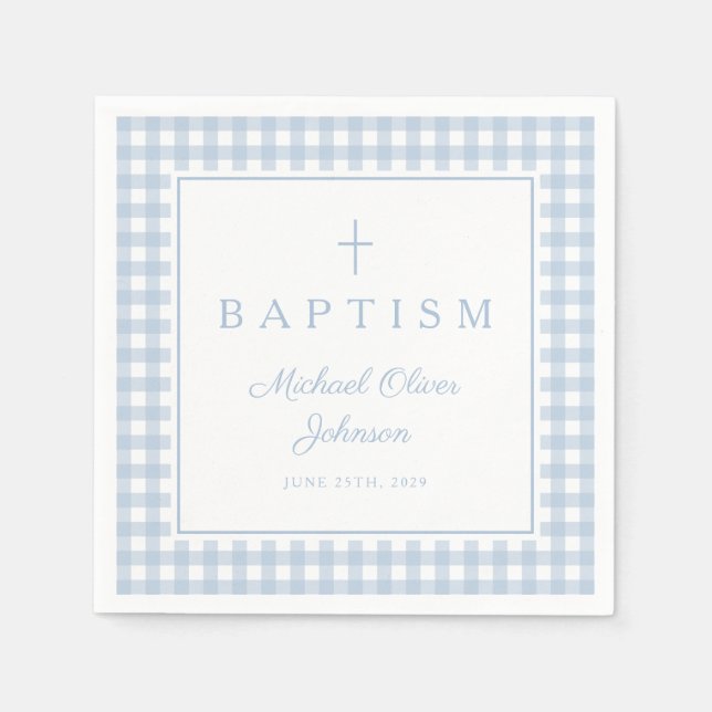 Elegant Baby Blue Gingham Boy Baptism Pappersservett (Framsidan)