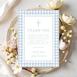 Elegant Baby Blue Gingham Boy Baptism Tack Kort