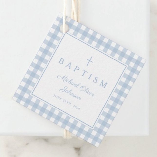 Elegant Baby Blue Gingham Boy Baptism Thank You  Gåvor Etiketter (Elegant Baby Blue Gingham Boy Baptism Thank You Favor Tags)