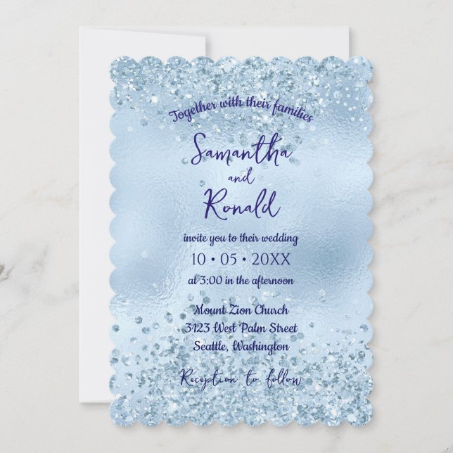 Elegant Baby blue Glitter och Foil Bröllop Inbjudningar (Framsida)