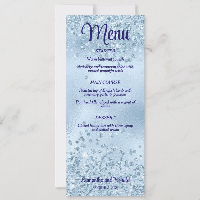 Elegant Baby blue Glitter och Foil Bröllop Menu Inbjudningar (Framsida)