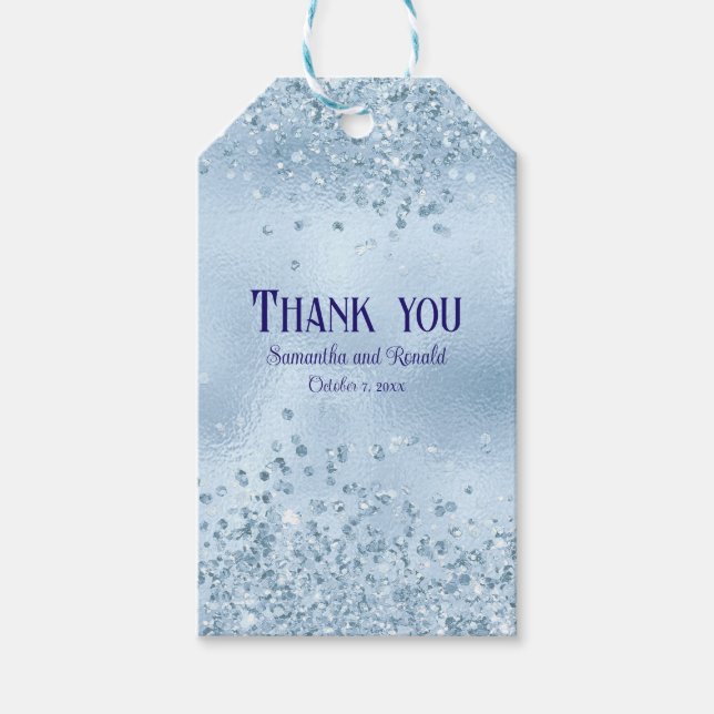 Elegant Baby blue Glitter och Foil Bröllop Tack Presentetikett (Framsidan)