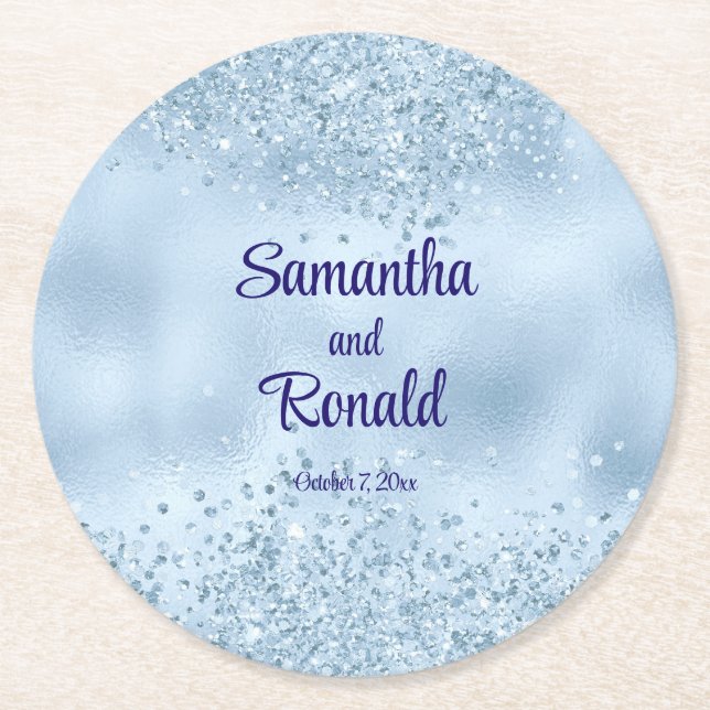 Elegant Baby blue Glitter och Foil Bröllop Underlägg Papper Rund (Framsidan)