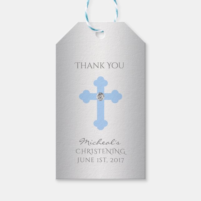 Elegant Baby blue Kor Baptism/Christening Boy Presentetikett (Framsidan)