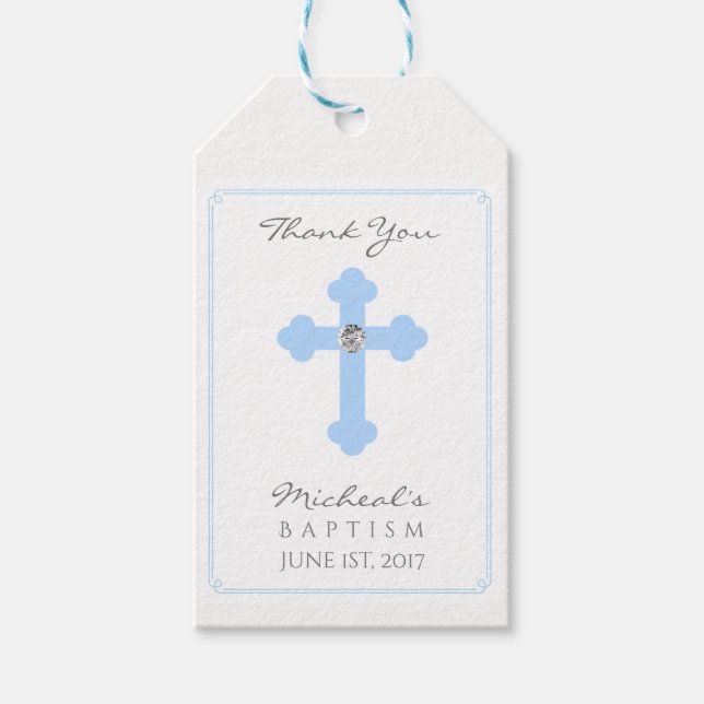 Elegant Baby blue Kor Baptism/Christening Boy Presentetikett (Framsidan)