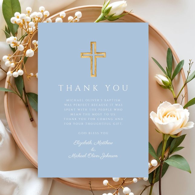 Elegant Baby blue Kor Boy Baptism Tack Kort (Elegant Baby Blue Cross Boy Baptism Thank You Card)