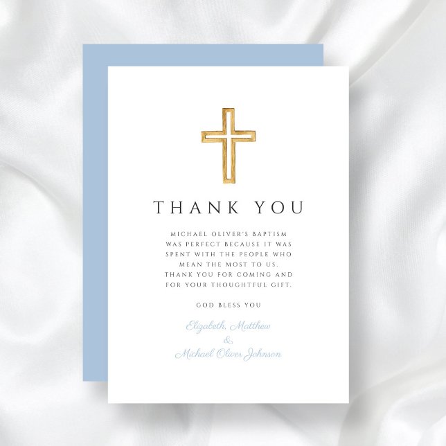 Elegant Baby blue Kor Boy Baptism Tack Kort (Elegant Baby Blue Cross Boy Baptism Thank You Card)