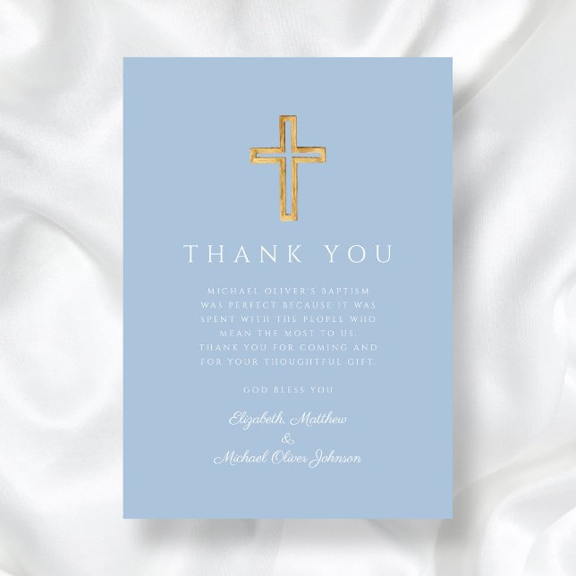 Elegant Baby blue Kor Boy Baptism Tack Kort (Elegant Baby Blue Cross Boy Baptism Thank You Card)