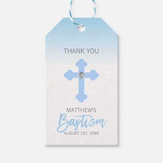 Elegant Baby blue Kor TACK Baptism Boy Presentetikett (Framsidan)