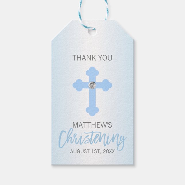 Elegant Baby blue Kor TACK Christening Boy Presentetikett (Framsidan)