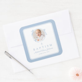Elegant Baby Blue Pojke Foto Dop Fyrkantigt Klistermärke