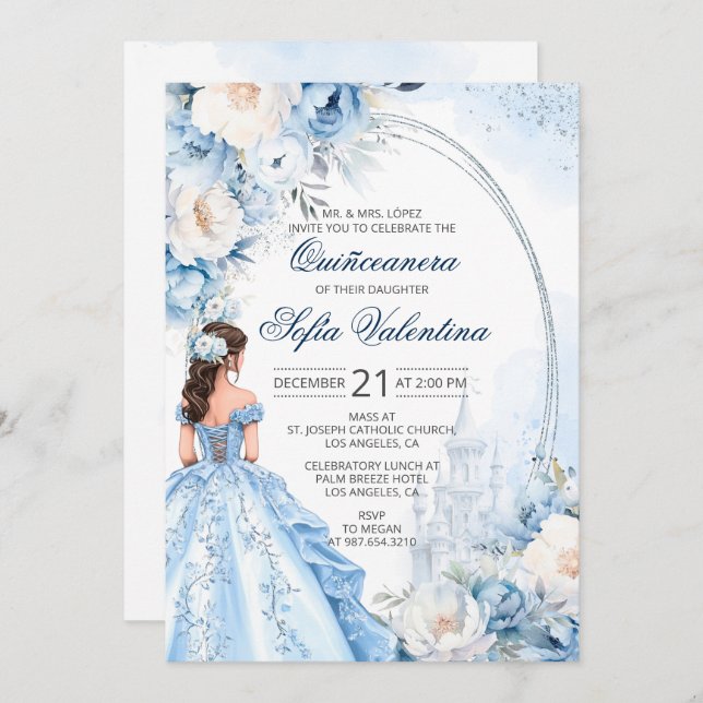 Elegant Baby blue Quinceañera-inbjudan Inbjudningar (Fram/baksida)