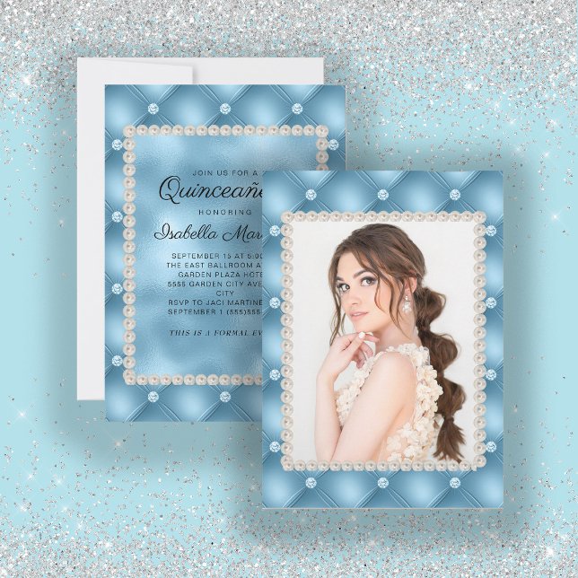 Elegant Baby blue Quinceañera Photo Pearls Jewels Inbjudningar (Skapare uppladdad)
