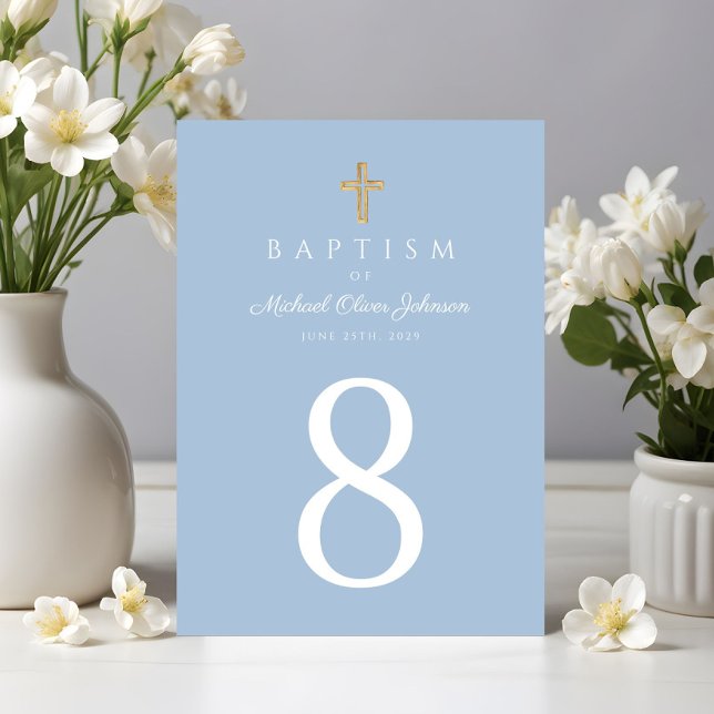 Elegant Baby blue Religiösa Kor Boy Baptism Bordsnummer (Elegant Baby Blue Religious Cross Boy Baptism Table Number)