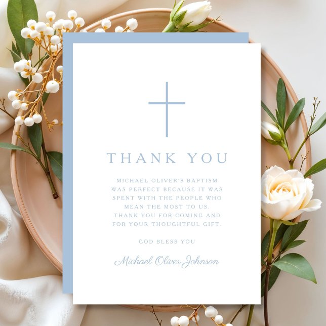 Elegant Baby Blue Religious Cross Baptism Tack Kort (Elegant Baby Blue Religious Cross Baptism Thank You Card)