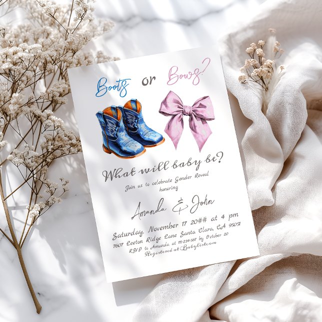 Elegant Baby Boots eller Bows Boy Gender Reveal Inbjudningar (Skapare uppladdad)