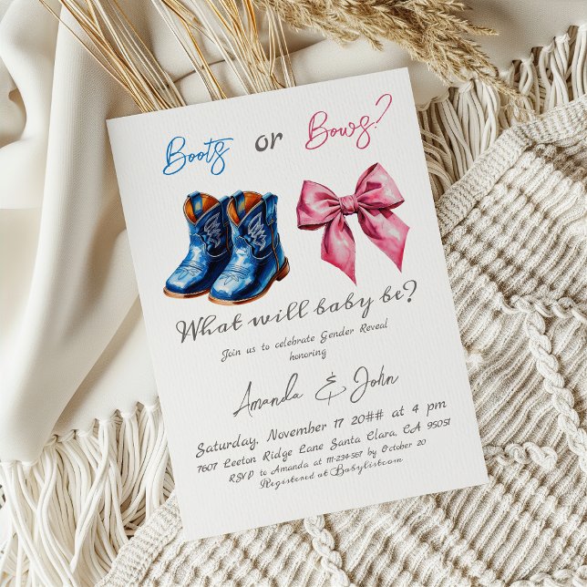 Elegant Baby Boots or Bows Pink Blue Gender Reveal Inbjudningar (Skapare uppladdad)