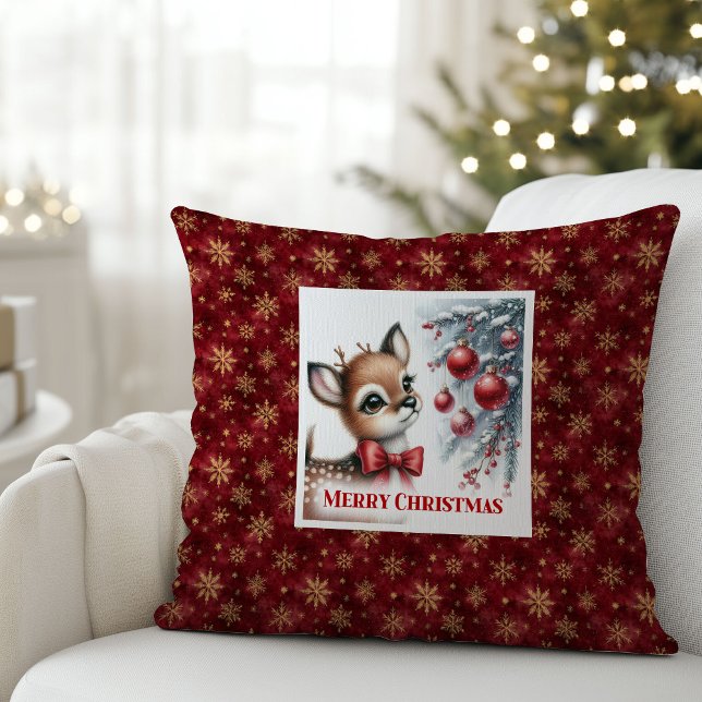 Elegant Baby Deer Snowy Forest Christmas Pillow   Kudde (Enchanting Fawn Christmas Pillow Gift for Kids Room Decor)