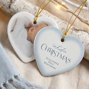 Elegant baby först jul Blå hjärta Foto Julgransprydnad Keramik