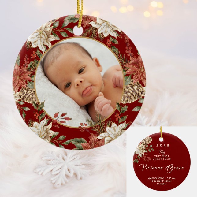Elegant Baby Första jul Birth Stats Photo Julgransprydnad Keramik (Skapare uppladdad)