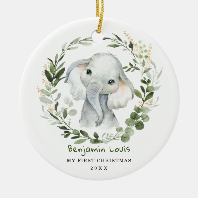 Elegant Baby Första jul Greenery Elephant Julgransprydnad Keramik (Framsidan)