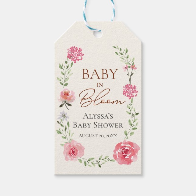 Elegant Baby i blommande vattenfärgsbabydusch Presentetikett (Framsidan)